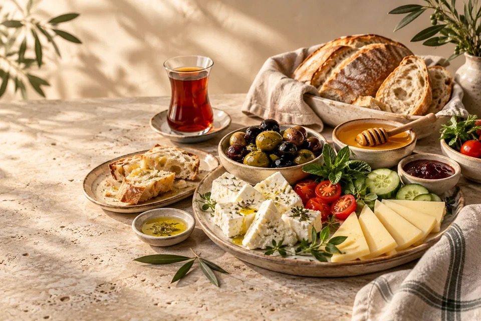 Peynir, zeytin, bal ve çayla hazırlanmış bir kahvaltı sofrası